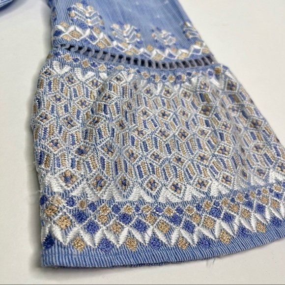 Rungolee Boho Blue Chambray Cottagecore Embroidered Bell Sleeve Tassel Dress - Picture 8 of 17